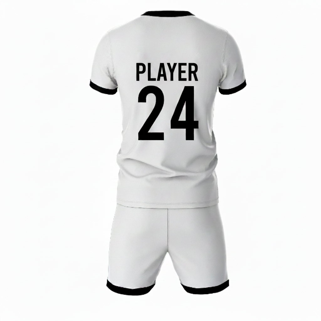 Black athletic sports jersey with white shorts back side view