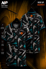 Front and back view of a black and teal abstract polo sports jersey featuring geometric graphics and premium dry-fit performance fabric.