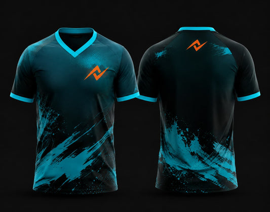 Front and back view of a black and teal custom V-neck cricket jersey featuring teal brushstroke graphics and an orange chest logo.