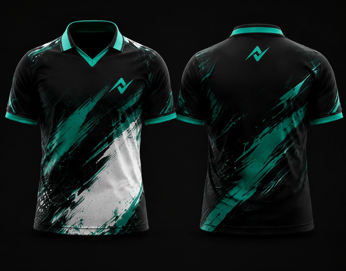 Black and teal V-neck polo collar esports jersey with modern brushstroke graphics shown in front and back views for custom gaming teams.