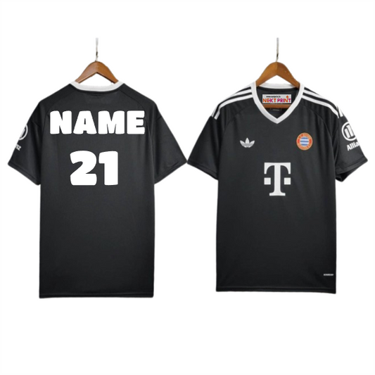 Front and back view of a black V-neck football jersey with white shoulder stripes and customizable name and number, ideal for soccer teams, training sessions, and match-day performance.