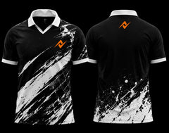 Black and white abstract brushstroke V-neck polo esports jersey front and back with orange logo.