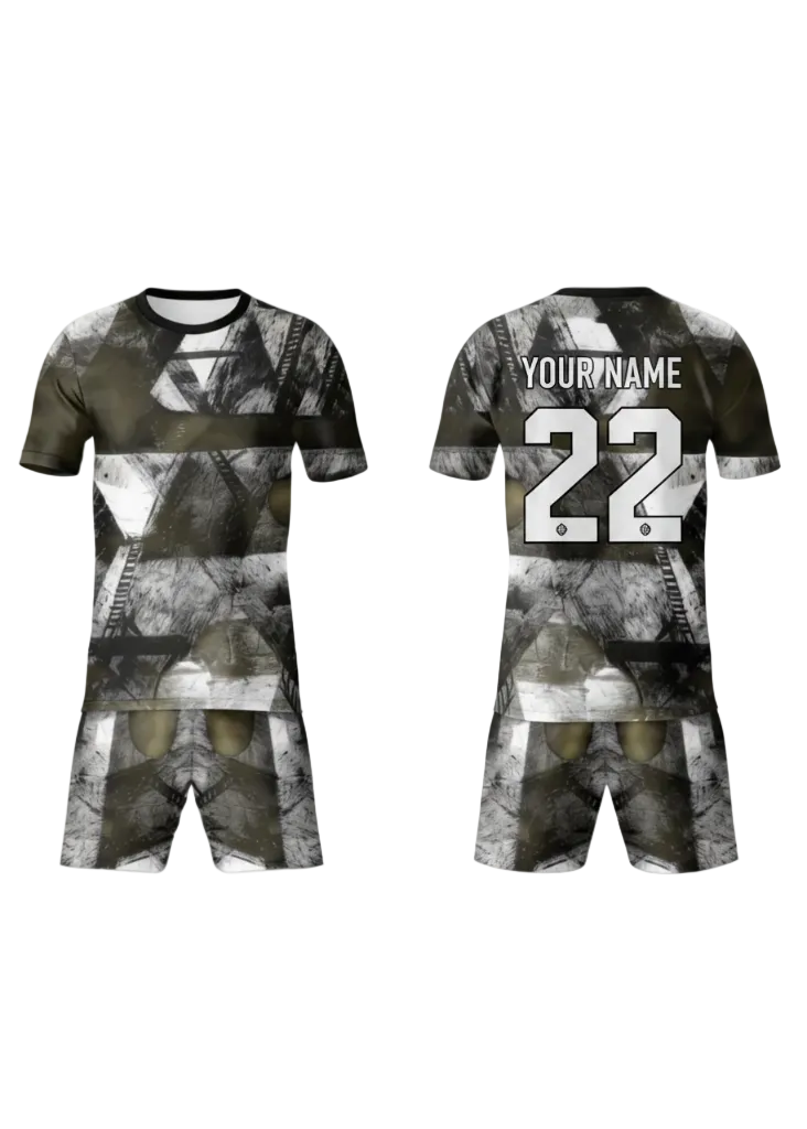 Black and white abstract custom sports jersey with matching shorts for cricket, football and team uniform sublimation printing front and back view