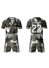 Black and white abstract custom sports jersey with matching shorts for cricket, football and team uniform sublimation printing front and back view