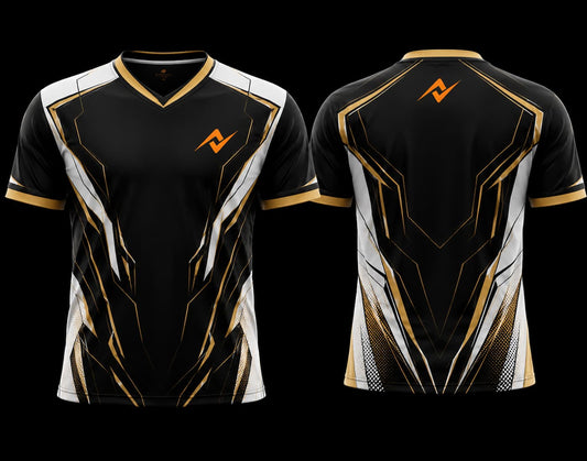 Front and back view of a black, white, and gold V-neck esports jersey featuring futuristic geometric graphics with custom chest and upper back logo placement.
