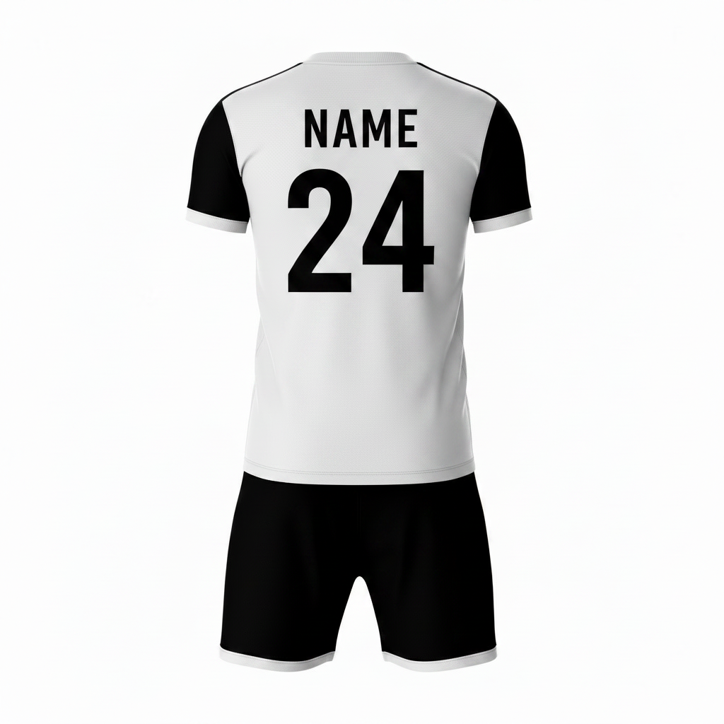 Black white pattern sports jersey with black shorts back view