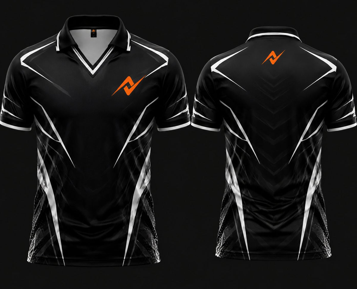 Front and back view of a black and white esports jersey with V-neck polo collar featuring chest logo and back neck logo placement.