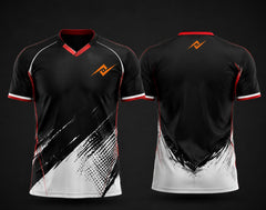 Front and back view of a black and white custom V-neck cricket jersey featuring bold brush-stroke graphics with subtle red accents, custom chest logo, and back neck logo.