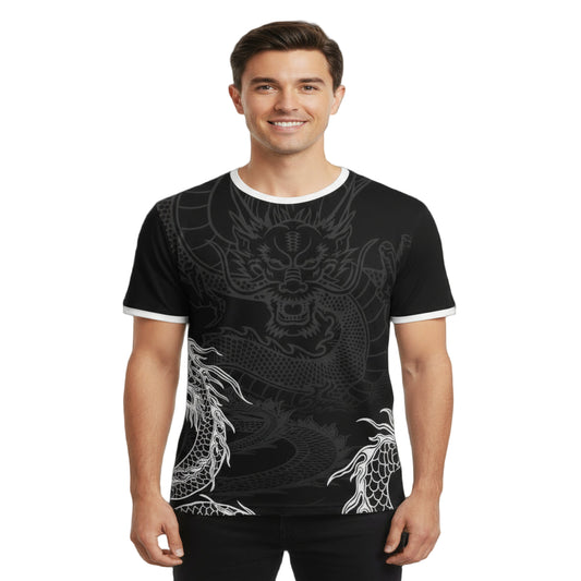 Next Print a black and white shirt with a dragon print