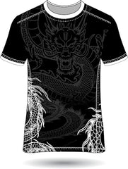 a black and white shirt with a dragon on it