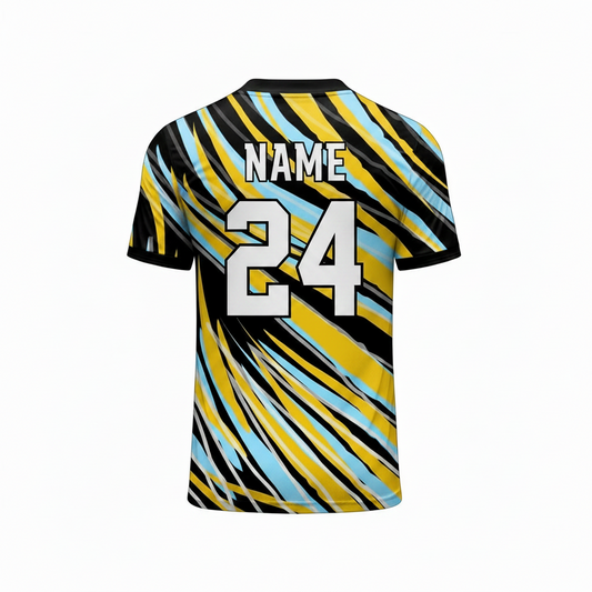 Black yellow blue gaming jersey back side with custom gamer name