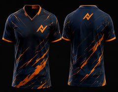 Front and back mockup of a navy blue and orange V-neck esports jersey featuring dynamic flame-inspired streak graphics with chest logo and back neck logo.