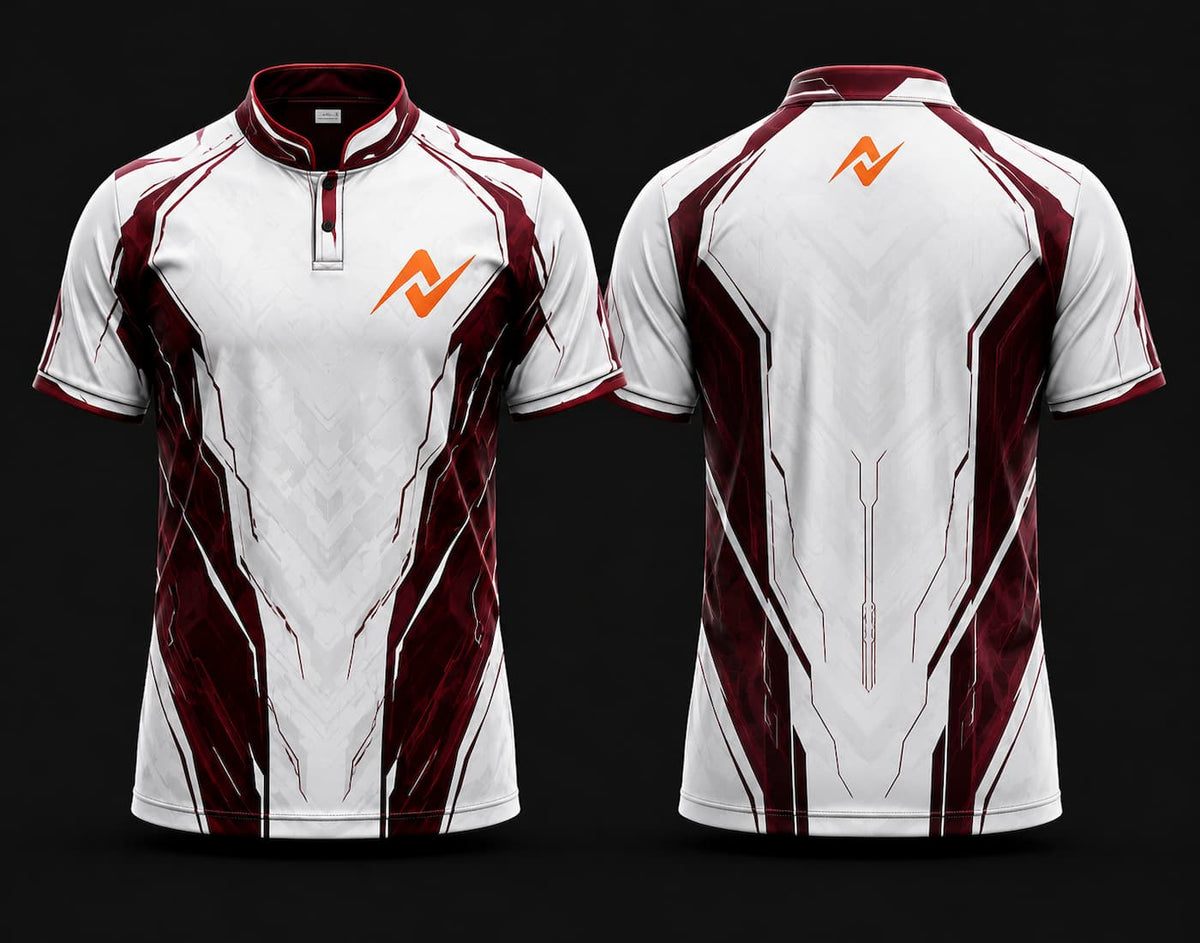 Front and back view of a white and maroon Chinese collar esports jersey featuring futuristic geometric graphics with an orange chest logo and matching back neck logo.