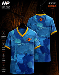 Blue abstract oil paint sublimation V-neck sports jersey with front and back view by Next Print