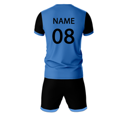 Blue black pattern sports jersey with black shorts back view