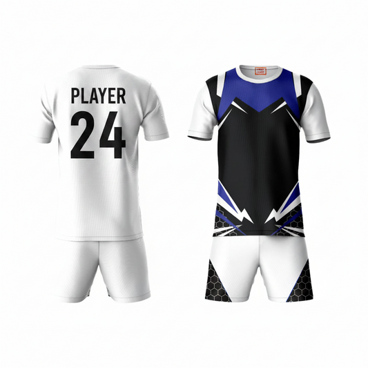 Blue black activewear t-shirt with white shorts back view