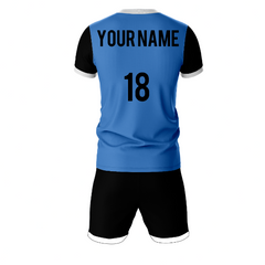 Blue black athletic sports jersey with shorts back side view
