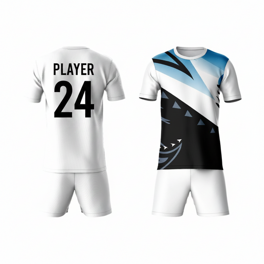 Blue black sports t-shirt with white shorts back view for men
