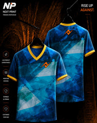 Blue geometric camo sublimation V-neck sports jersey with front and back view by Next Print