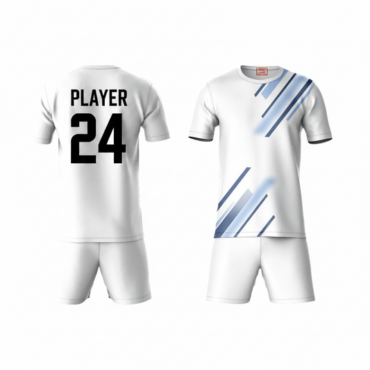 Blue geometric line pattern activewear t-shirt with white shorts back view