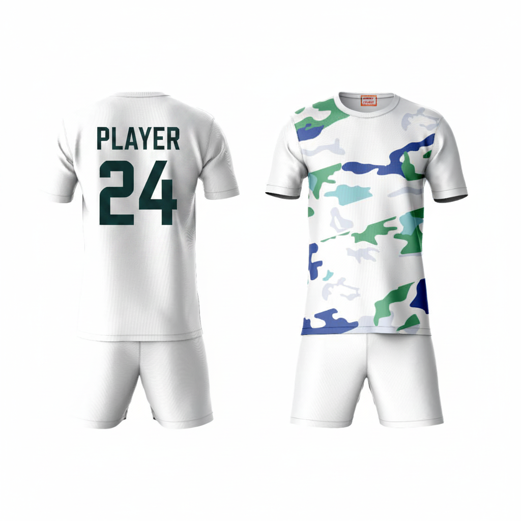 Blue green camouflage athletic sports t-shirt with white shorts back side view