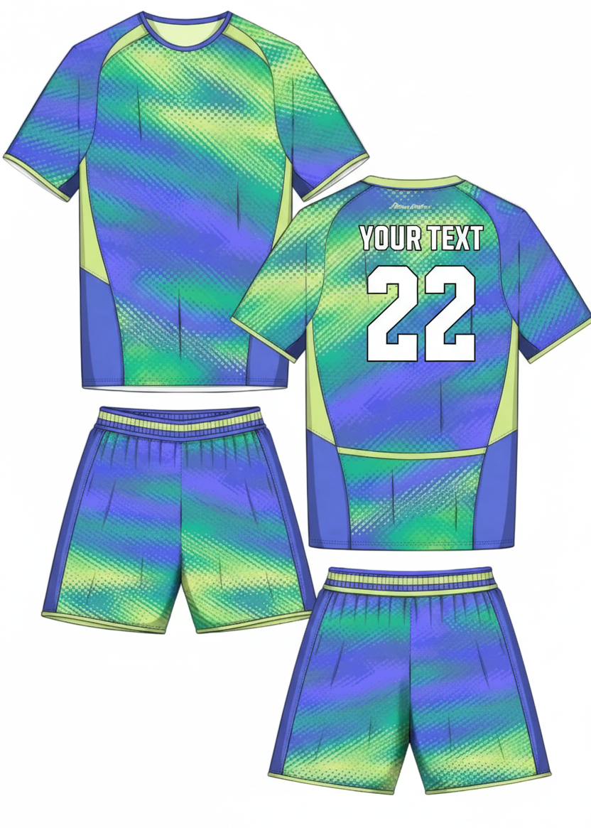 Blue and green gradient sports jersey with matching shorts front and back view custom football cricket and training team uniform