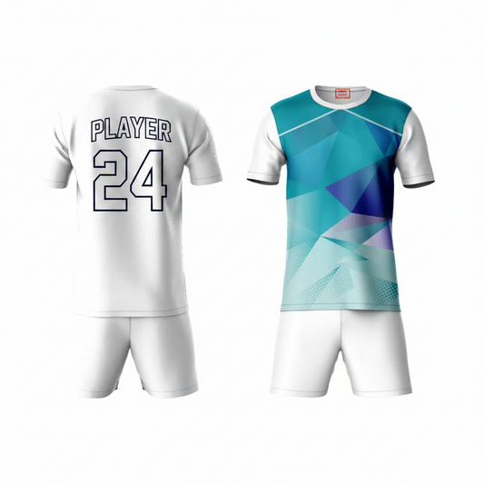 Blue green activewear t-shirt with white shorts back view