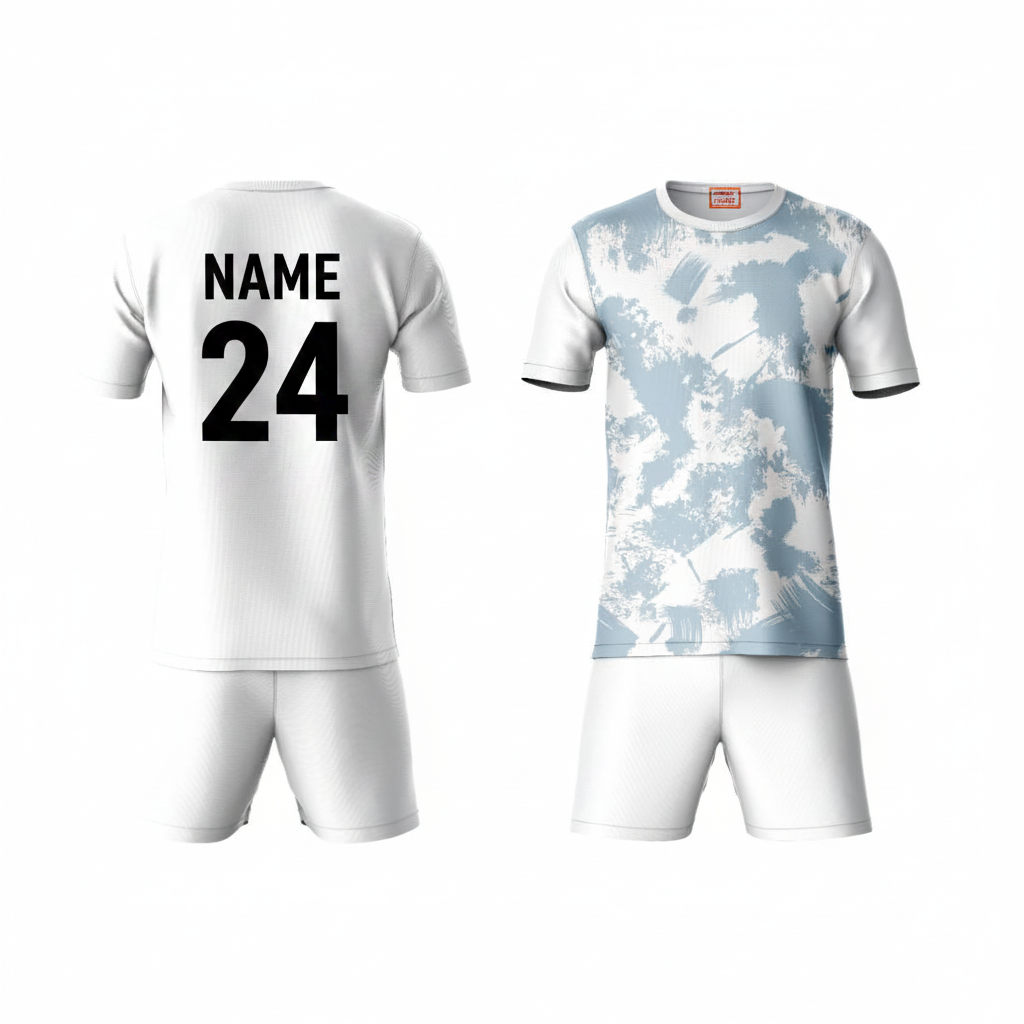 Blue grey patterned activewear t-shirt with white shorts back view