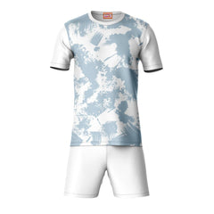 Blue grey pattern sports t-shirt with white shorts co-ord set front view