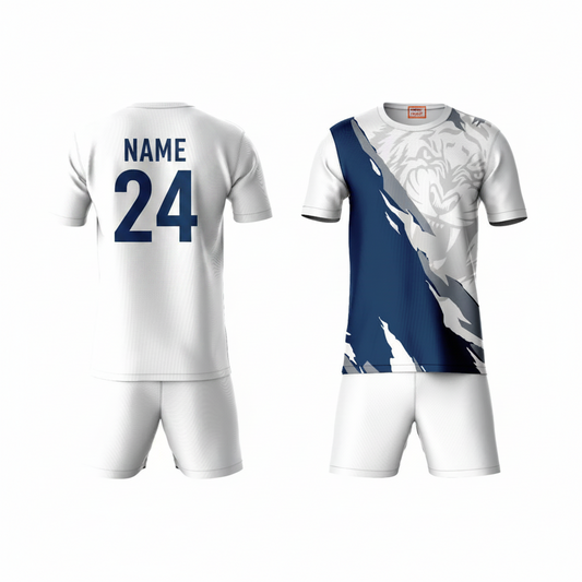 Blue grey activewear t-shirt with white shorts back view