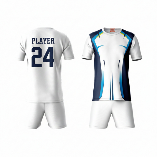 Blue activewear t-shirt with white shorts back view