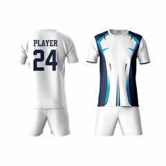 Blue activewear t-shirt with white shorts back view