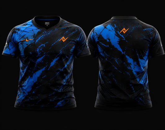 Front and back view of Blue Havoc premium esports jersey featuring black and electric blue graphics with a round neck collar and professional gaming apparel styling.