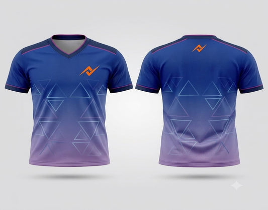 Front and back view of a blue and lavender gradient V-neck cricket jersey featuring subtle geometric triangle graphics with orange chest and back logos.