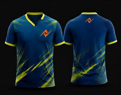 Front and back view of a blue and lime green custom V-neck cricket jersey featuring dynamic brushstroke graphics and a custom team logo.
