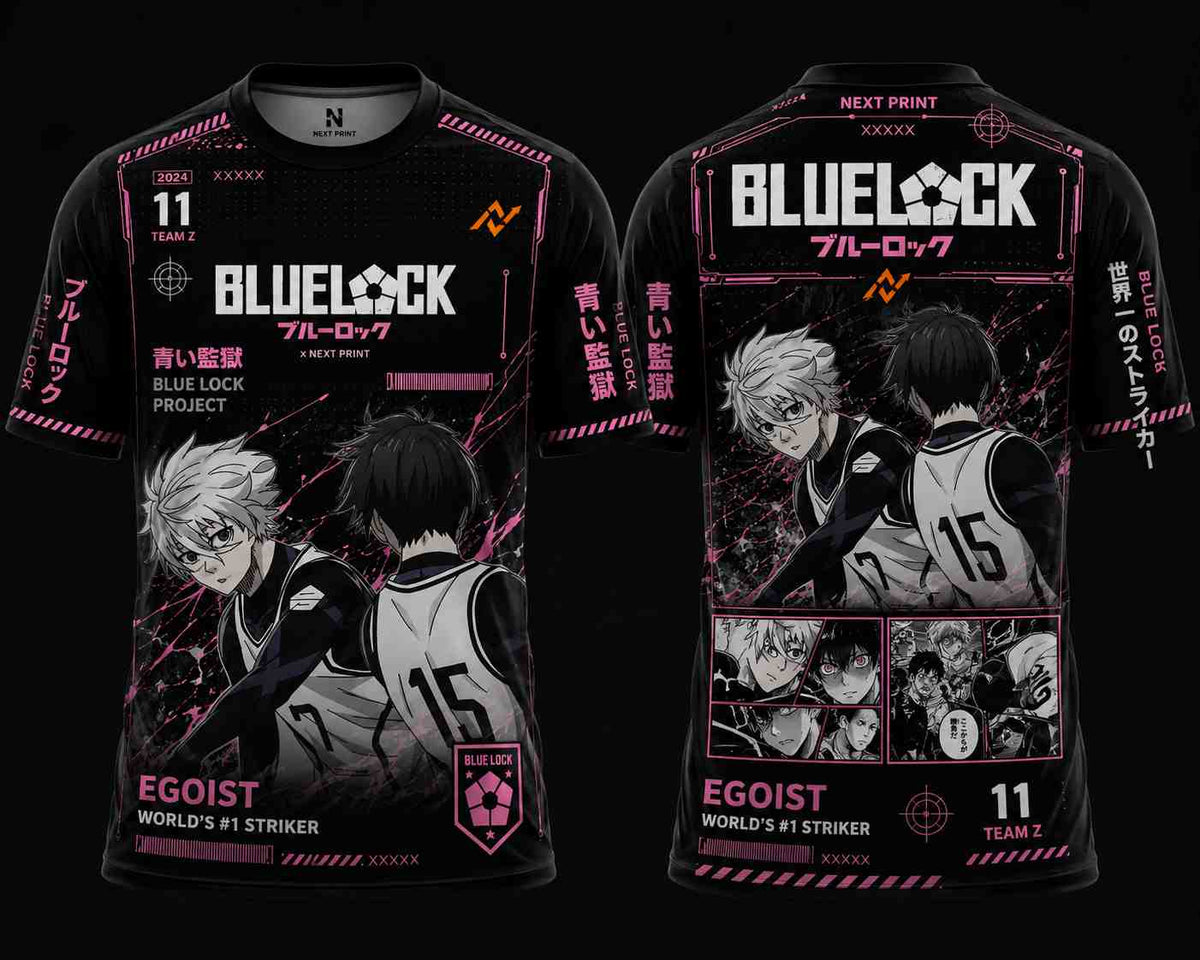 Black round neck anime streetwear jersey featuring Blue Lock-inspired artwork with neon pink cyber graphics, Japanese typography, orange chest logo, front and back mockup, and premium esports performance design