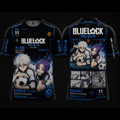 Front and back view of a Blue Lock duo inspired black round neck jersey featuring electric blue cyber graphics, Japanese typography, anime character artwork, and premium sublimation print