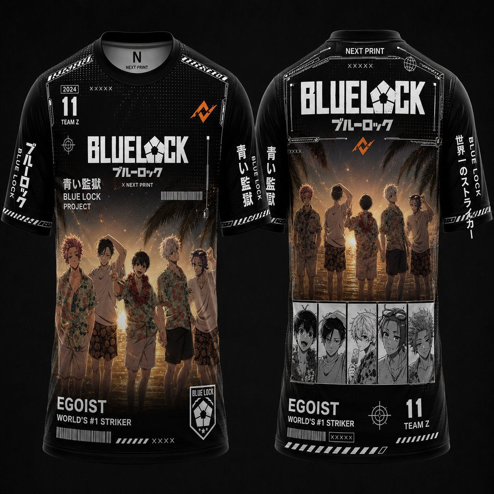 Blue Lock Sunset Squad anime football jersey in black with front and back views, round neck premium sublimation sports T-shirt featuring beach-themed group artwork
