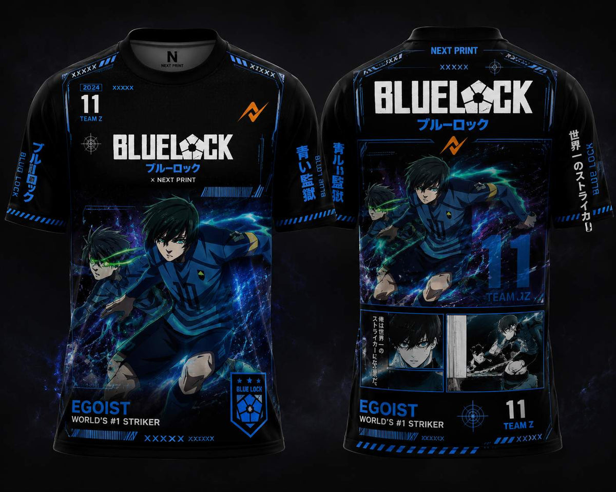 Front and back mockup of a black Blue Lock-inspired anime round neck jersey featuring electric blue cyber graphics, manga artwork, Japanese typography, orange logo accents, and premium esports streetwear styling