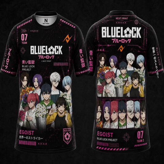 Blue Lock Flower Shop Team anime jersey in black and pink featuring group character artwork with floral design, premium sublimation sports t-shirt front and back view