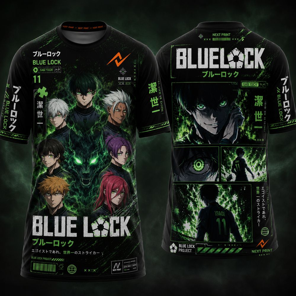 Blue Lock Green Shadow Wolf anime round neck esports jersey with black and green cyber graphics, Japanese typography, manga artwork, front and back mockup featuring the Next Print orange logo