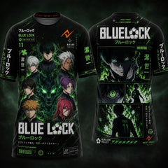 Blue Lock Green Shadow Wolf anime round neck esports jersey with black and green cyber graphics, Japanese typography, manga artwork, front and back mockup featuring the Next Print orange logo