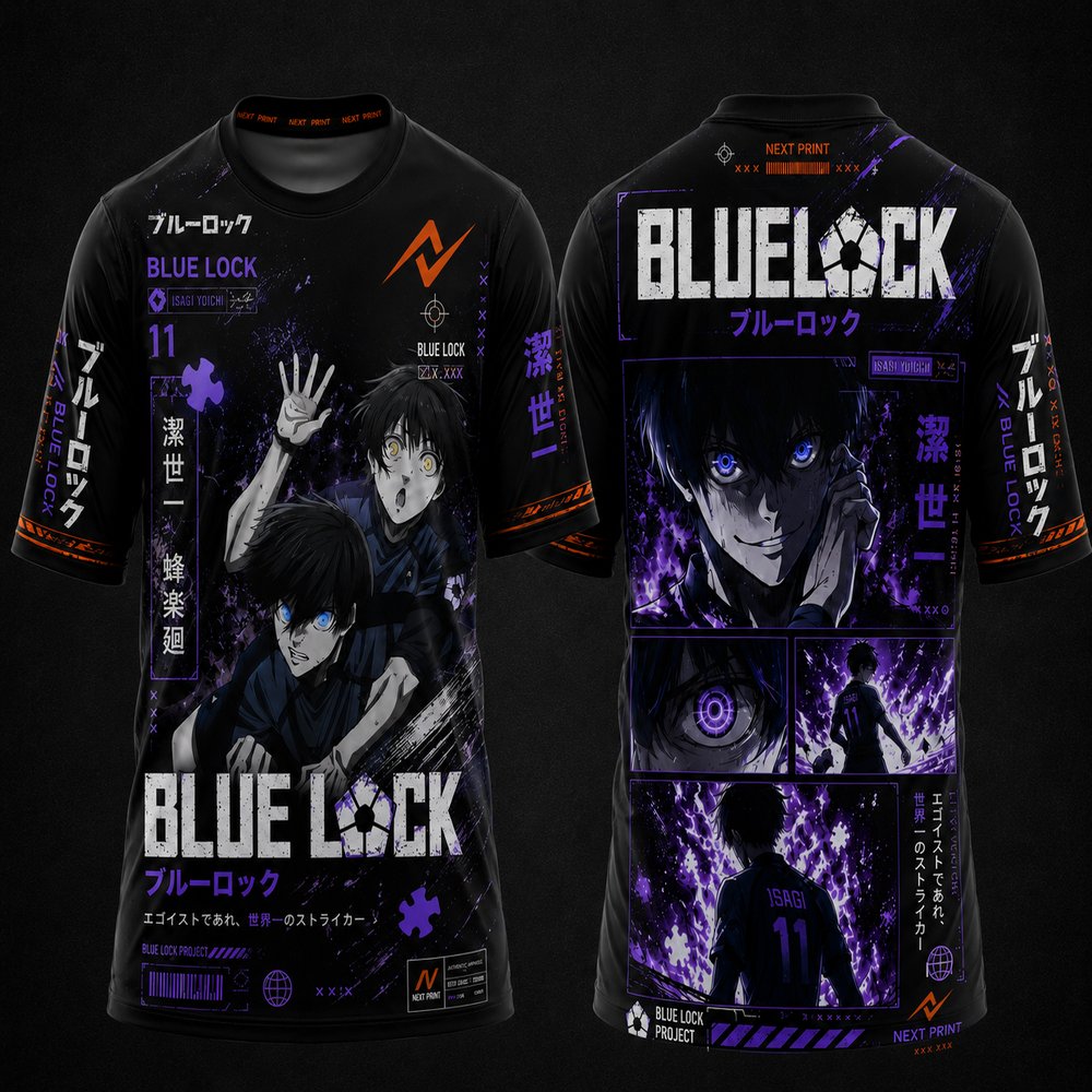 Blue Lock Isagi Yoichi black and purple anime esports round neck sublimation jersey front and back mockup with Japanese graphics and Next Print orange logo
