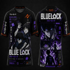 Blue Lock Isagi Yoichi black and purple anime esports round neck sublimation jersey front and back mockup with Japanese graphics and Next Print orange logo
