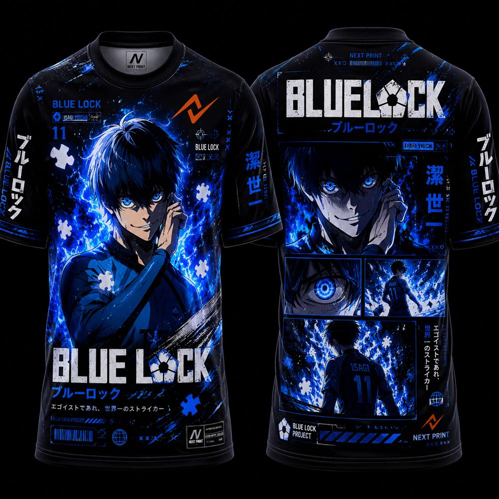 Blue Lock Isagi Yoichi electric blue anime football jersey with black and blue design featuring front and back character artwork on a premium round neck sports T-shirt