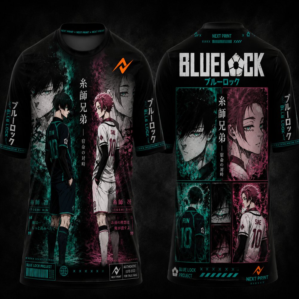 Blue Lock Itoshi Rin and Itoshi Sae premium anime round neck jersey featuring futuristic manga artwork, front and back sublimation print by Next Print