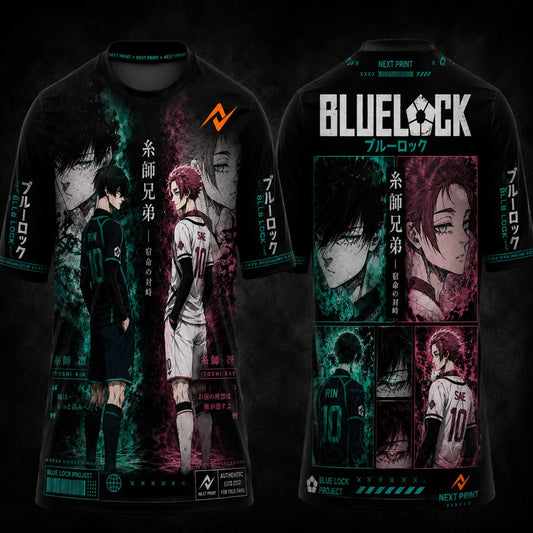 Blue Lock Itoshi Rin and Itoshi Sae premium anime round neck jersey featuring futuristic manga artwork, front and back sublimation print by Next Print