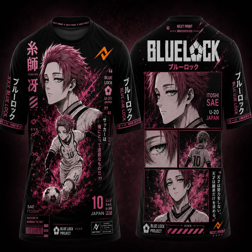 Blue Lock Itoshi Sae pink anime round neck sublimation jersey featuring front and back manga artwork with Japanese typography on black premium sports t-shirt