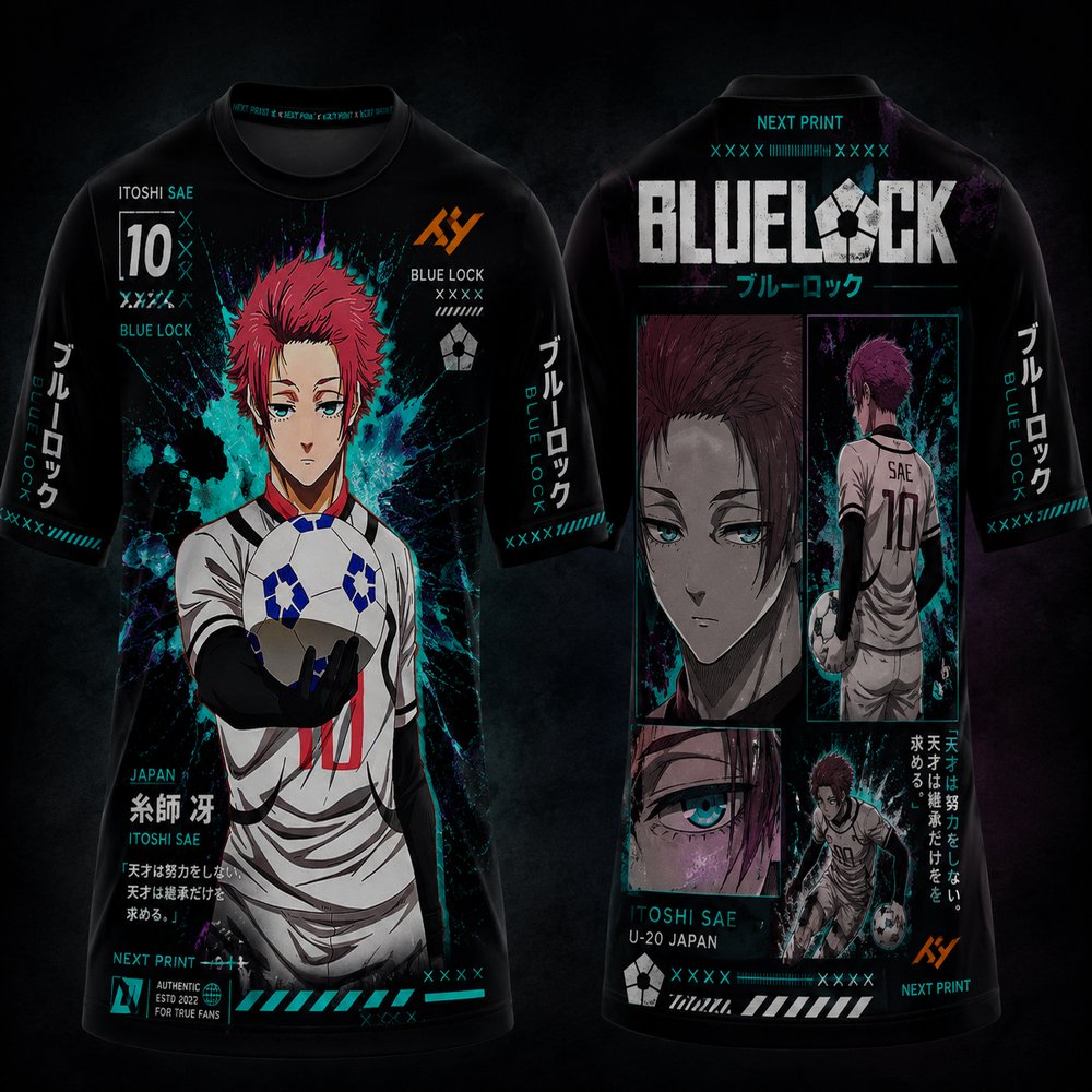 Blue Lock Itoshi Sae U-20 Japan premium anime round neck jersey featuring front and back manga artwork with cyber graphics and HD sublimation print by Next Print