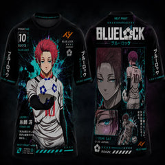Blue Lock Itoshi Sae U-20 Japan premium anime round neck jersey featuring front and back manga artwork with cyber graphics and HD sublimation print by Next Print